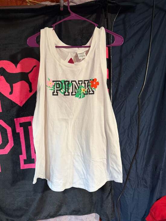 PINK Victoria's Secret Tops - PINK Victoria's Secret Floral Logo Open Back Tank Top Size Large